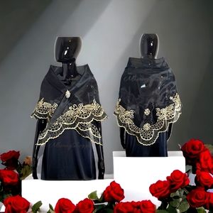 Black-Handmade Filipino Alampay Shawl – Organza Cutwork Embroidery w/ Brooch